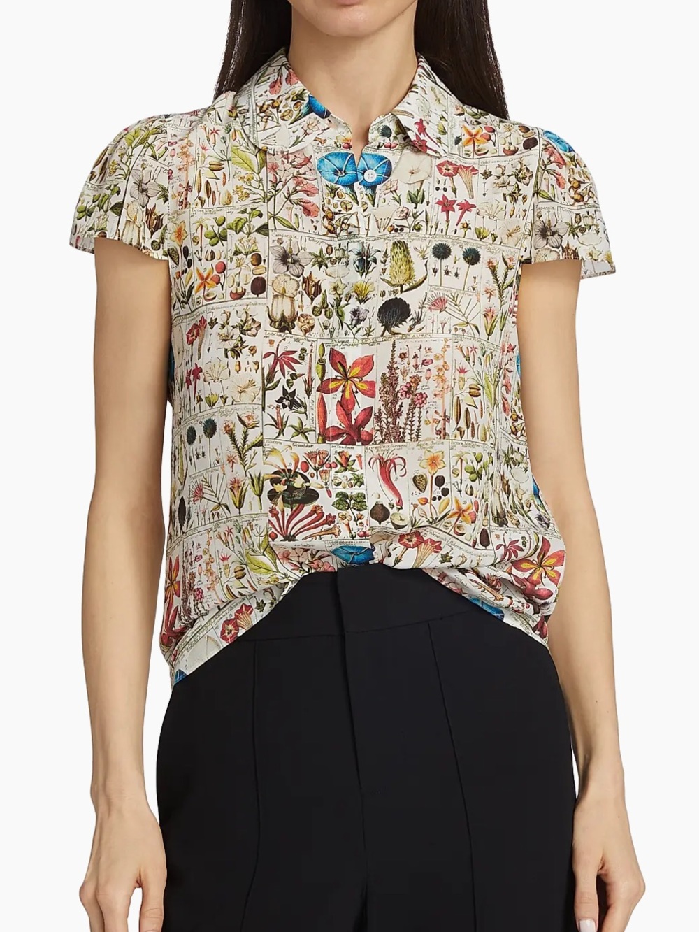 Alice + Olivia Joy Illustrated Silk Collared Blouse, Short-Sleeve